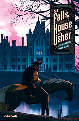 A rider on horseback approaches a dark, gothic mansion under a pink sky.