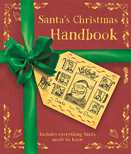 Red book cover with green ribbon, Santa illustration, and gold lettering.