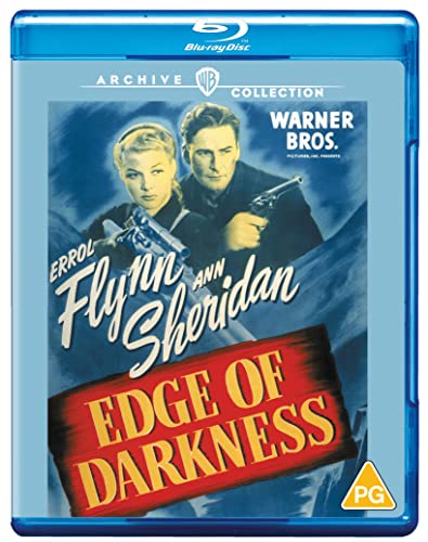 Blu-ray cover for Edge of Darkness featuring Errol Flynn and Ann Sheridan holding guns.