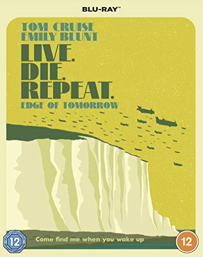 Blu-ray cover art featuring white cliffs, flying aircraft, and the text Live Die Repeat.