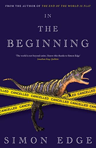 Book cover: "In the Beginning" with a dinosaur and caution tape.
