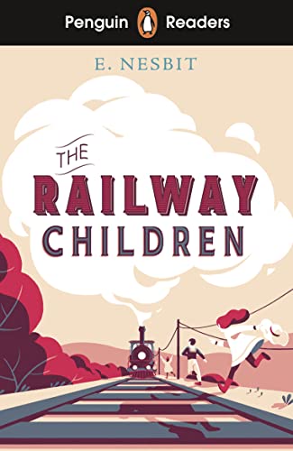 Book cover for The Railway Children by E. Nesbit showing children near train tracks.