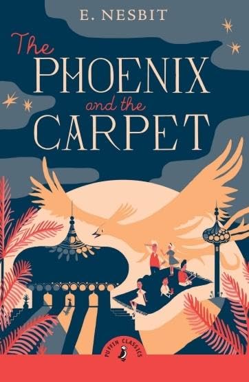 Book cover: a phoenix flies above children on a flying carpet.