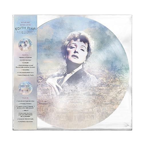 Edith Piaf picture disc vinyl record featuring a portrait over a Parisian cityscape background.