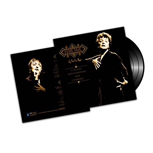 Edith Piaf vinyl record with black cover and portrait of the singer.