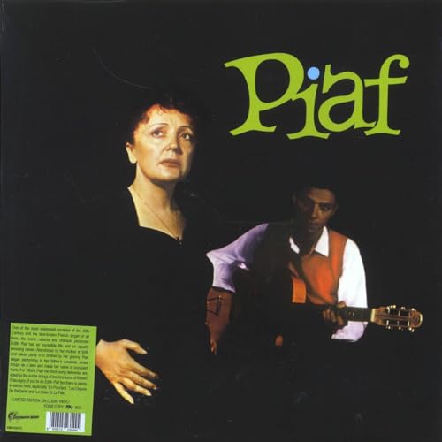 Edith Piaf album cover featuring Piaf and a guitarist, dark background.