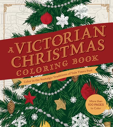 Victorian Christmas coloring book cover with decorated evergreen branches.