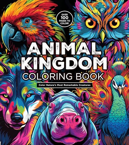 Coloring book cover featuring vibrant, stylized illustrations of a parrot, owl, wolf, hippo, and peacock.