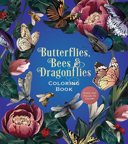 Cover of coloring book featuring butterflies, bees, dragonflies, and flowers.