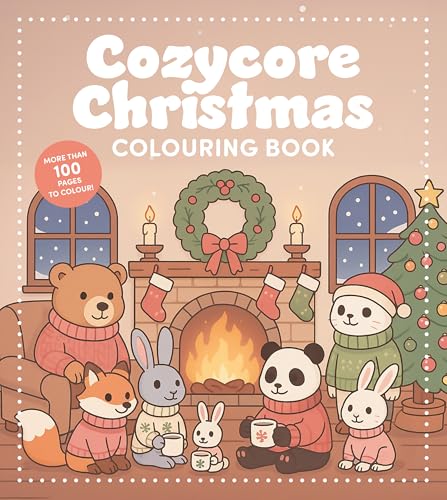 Animal friends gather around a fireplace with a Christmas tree.