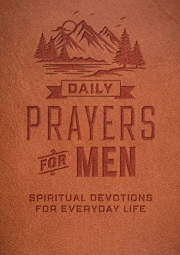 Red book cover with mountain scene and text “Daily Prayers for Men”.