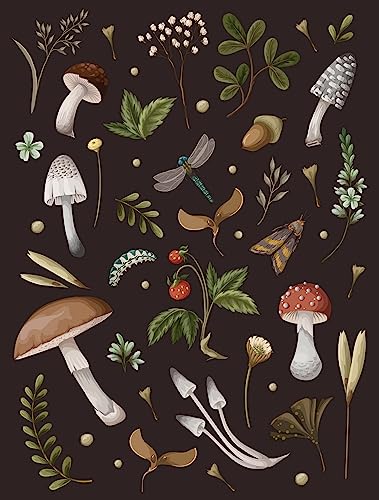 Botanical illustration of mushrooms, plants, insects on a dark background.