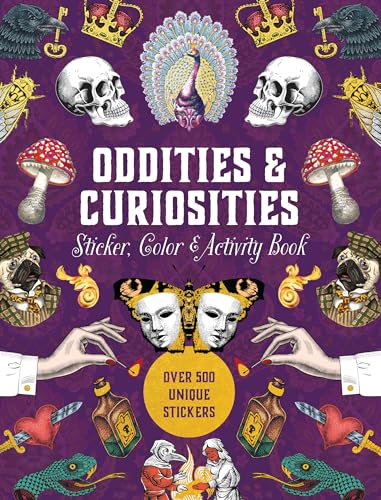 Book cover with purple background featuring skulls, a peacock, mushrooms, pugs, and vintage illustrations.