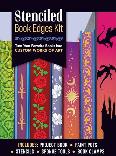 Kit for decorating book edges with stencils and paint, shown with examples.