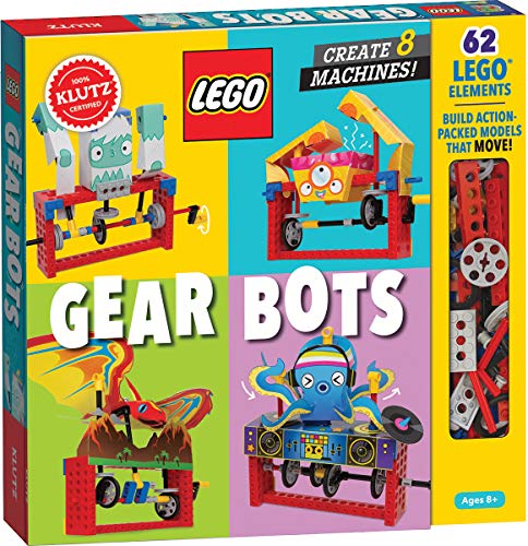 Box for Lego Gear Bots kit showing four buildable models and loose Lego pieces.