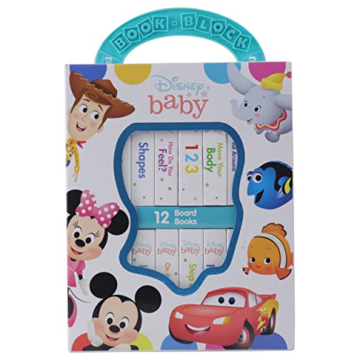 A Disney Baby 12-book set in a carrying case with a teal handle.
