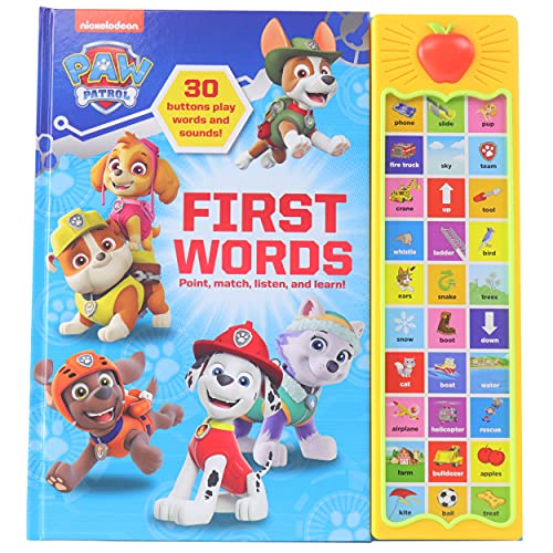 PAW Patrol First Words sound book with 30 interactive buttons and character illustrations.