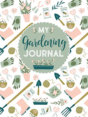 Gardening journal cover with illustrated tools, plants, and handwritten title.