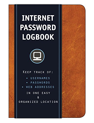 Brown leatherette password logbook with blue spine and computer icon.