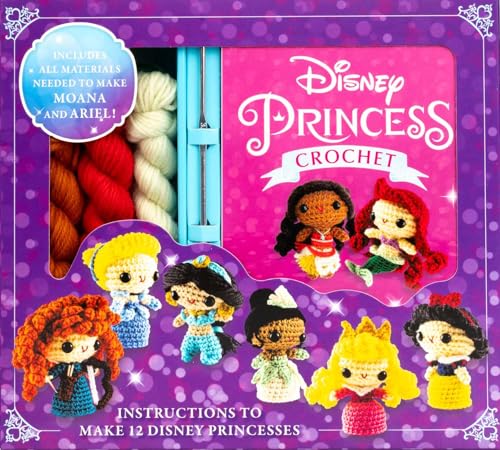 Crochet kit with yarn and instructions to make Disney Princess dolls.