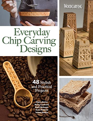 Book cover featuring carved wooden objects and the title "Everyday Chip Carving Designs.