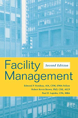 Book cover for Facility Management Second Edition featuring blue-toned modern office buildings.