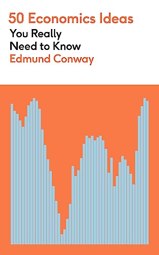 Book cover: "50 Economics Ideas" with abstract graph illustration.