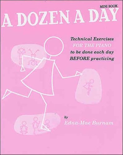 Pink piano exercise book cover with stick figures and title text.