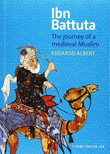 Book cover depicting Ibn Battuta on a camel, with blue geometric background.