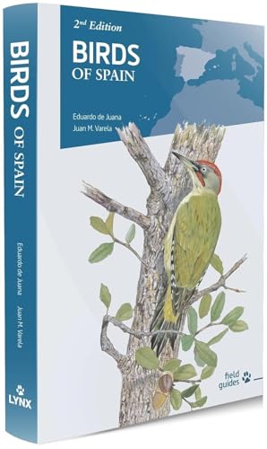 Book cover: "Birds of Spain, 2nd Edition" featuring a woodpecker illustration.