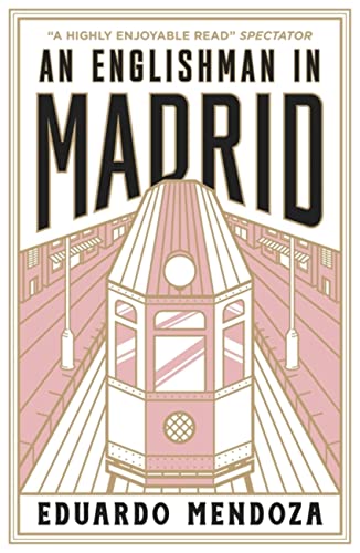 Book cover: "An Englishman in Madrid" with a pink metro train illustration.