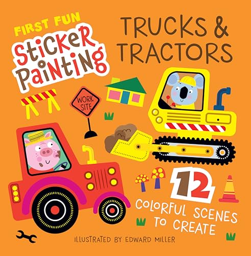 Children's sticker painting book with colorful trucks, tractors, and animal drivers.
