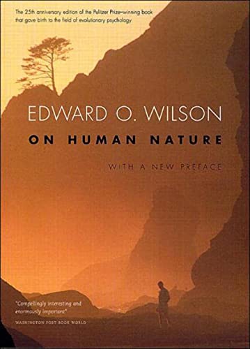 Book cover: “On Human Nature” by Edward O. Wilson, with mountain scene.