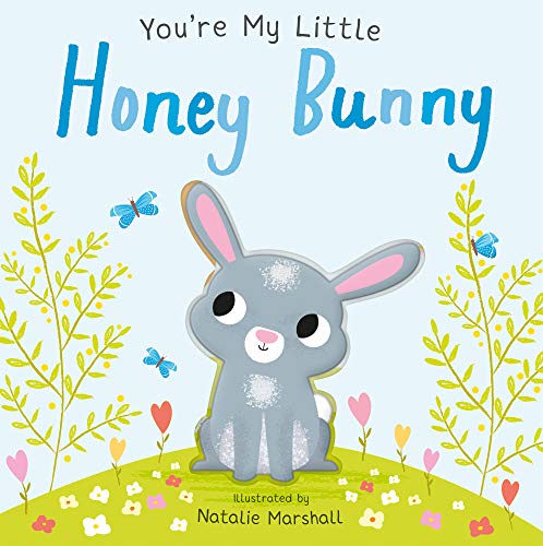 A grey bunny sits on a grassy hill surrounded by flowers, butterflies, and hearts.