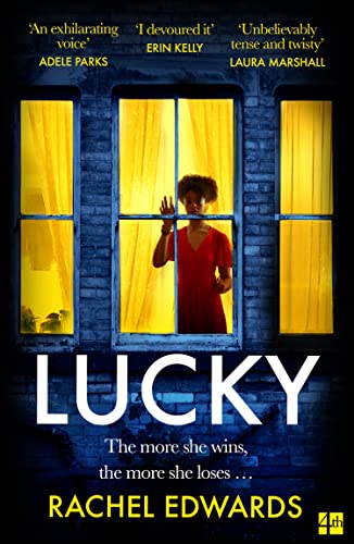 Book cover: woman in red looks out a lit window, dark background.