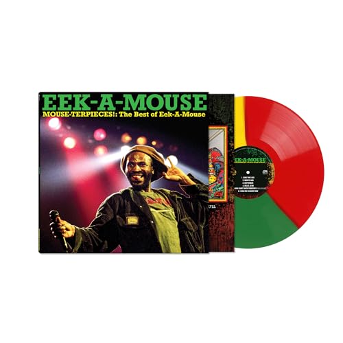 Eek-A-Mouse vinyl record cover and a red and green split-colored vinyl disc.
