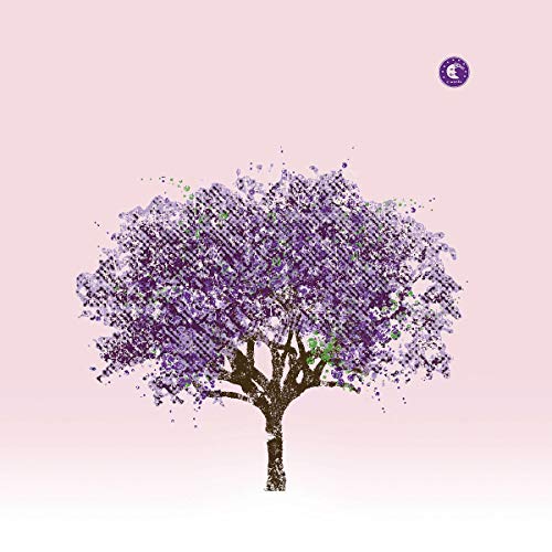 Purple speckled tree illustration on a pale pink background.