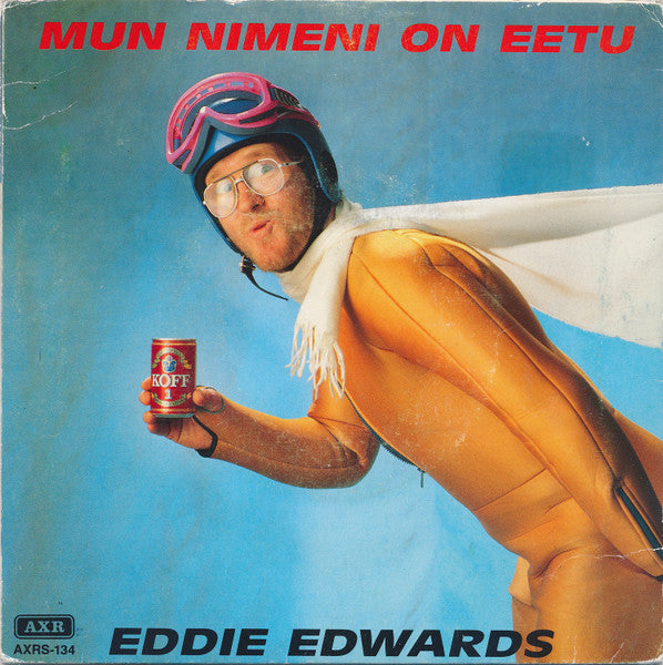 Vinyl record cover featuring Eddie Edwards in ski gear holding a beer.