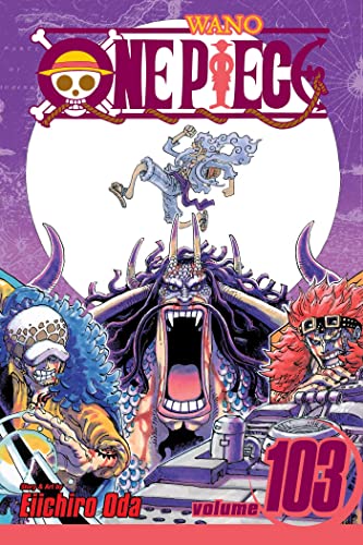 Manga cover of One Piece Volume 103 featuring Luffy, Kaido, Law, and Kid.