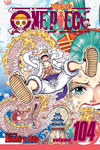 One Piece volume 104 manga cover featuring Luffy in Gear 5 form and dragon.