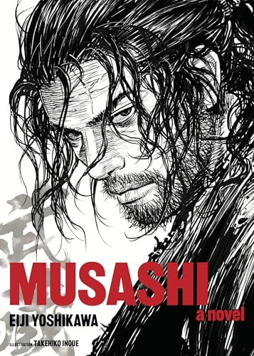 Black and white ink illustration of a man with long messy hair, titled Musashi.