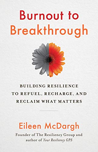 Book cover: "Burnout to Breakthrough" with a half-grey, half-orange flower.