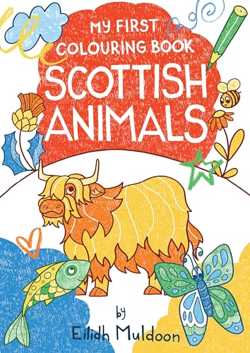Children’s colouring book cover featuring a Highland cow and other Scottish wildlife.