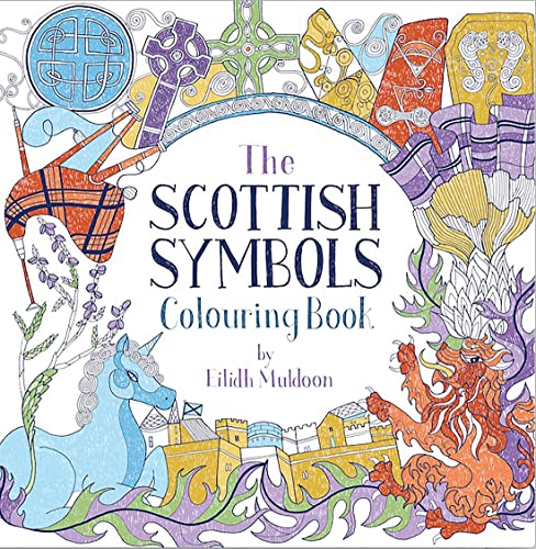 Colouring book cover featuring Scottish symbols: unicorn, thistle, lion, and bagpipes.