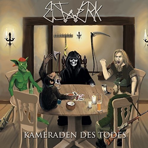 Grim Reaper, goblin, chimpanzee, and man playing cards around a wooden table.