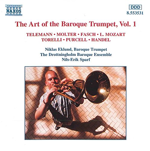 CD cover featuring a musician playing a baroque trumpet in a hall.