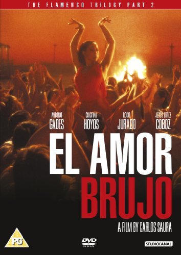 DVD cover for El Amor Brujo featuring a flamenco dancerC dancer before a bonfire.