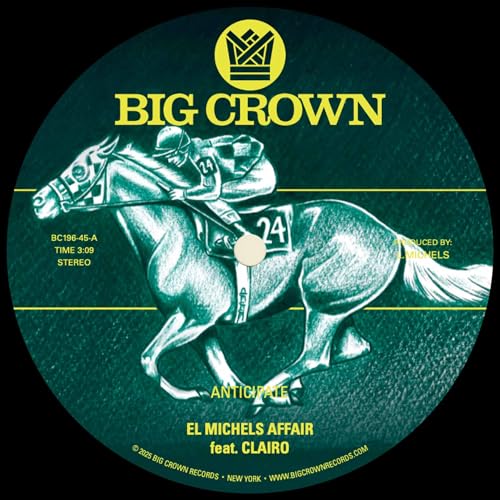 Dark green vinyl record label with illustration of a racehorse and jockey.