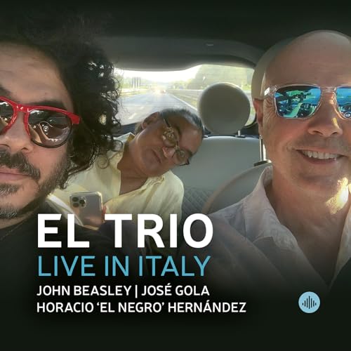 CD cover featuring three musicians in a car, titled "El Trio: Live in Italy".