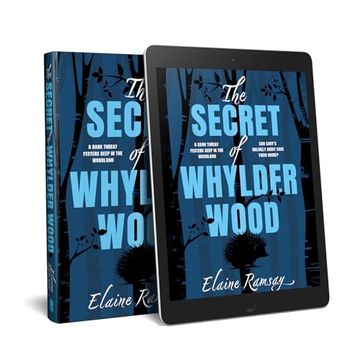 Book cover and tablet displaying “The Secret of Whylder Wood” with trees.